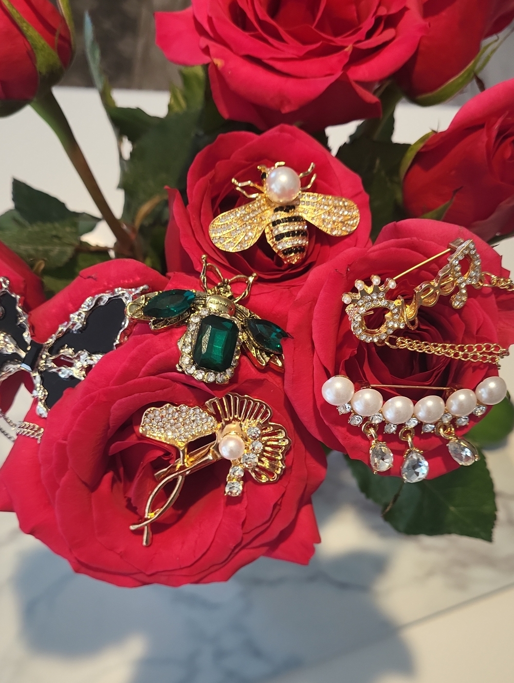 Brooches, Gold Bee and Floral Brooch Set with Green, Black and Pearl Accents - Picture 11 of 12